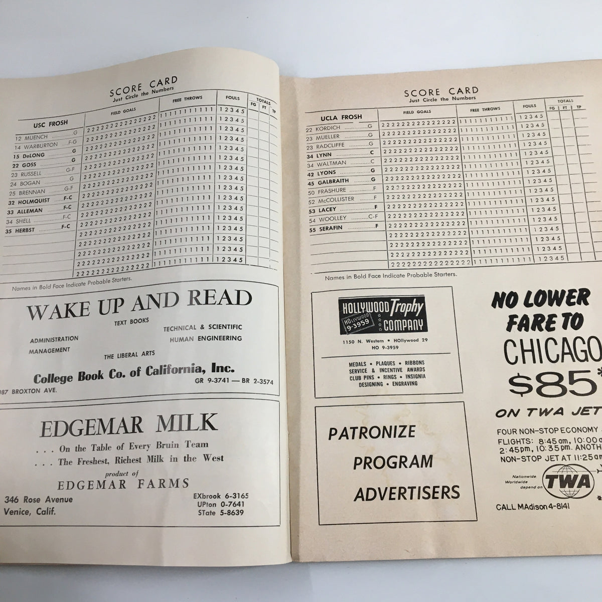 Scorecard page from the January 10, 1964 NCAA Basketball USC vs UCLA official program, featuring player scoring details for the USC and UCLA Frosh games.