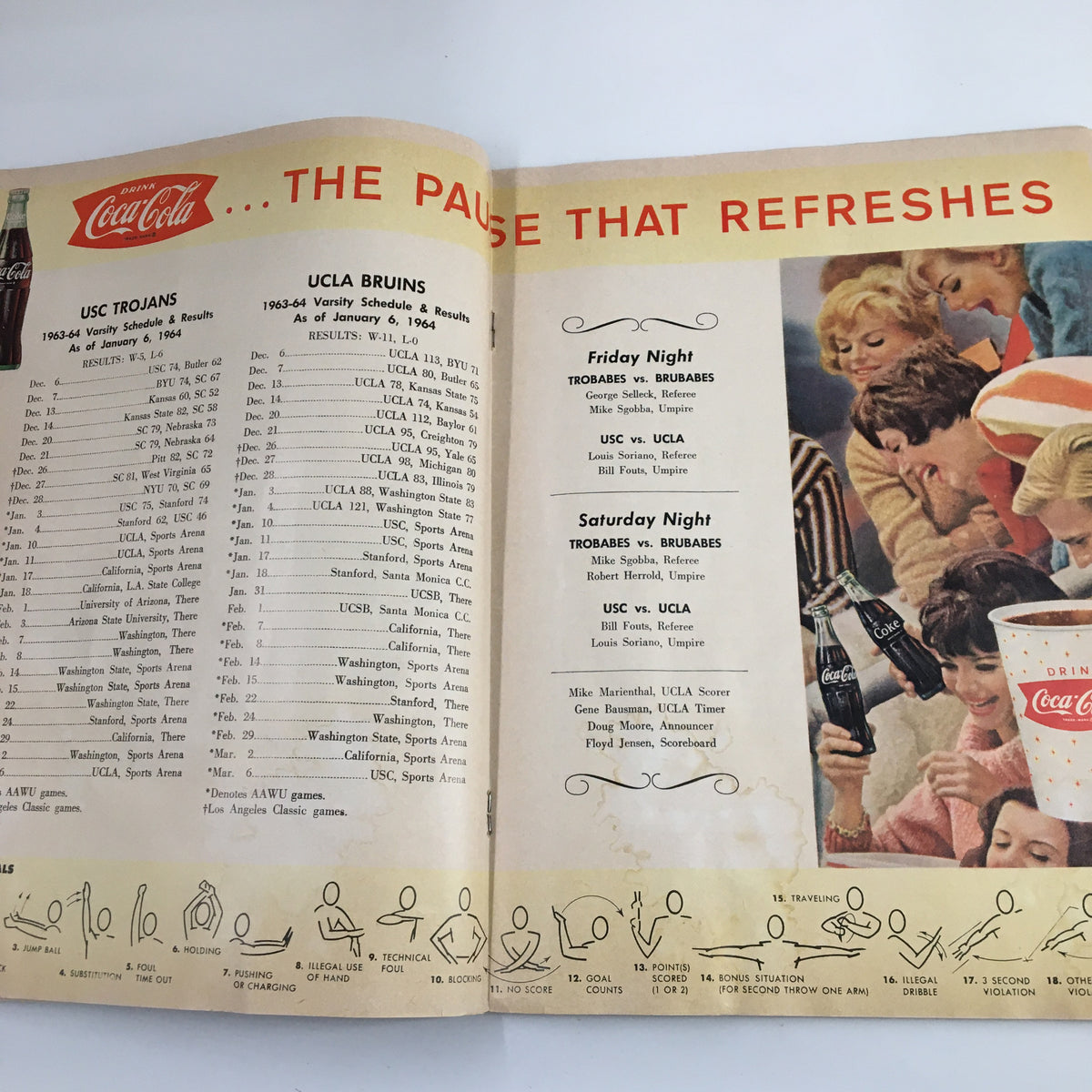 Details of the 1964 varsity schedule and results for USC Trojans and UCLA Bruins, included in the January 10, 1964 NCAA Basketball USC vs UCLA official program.