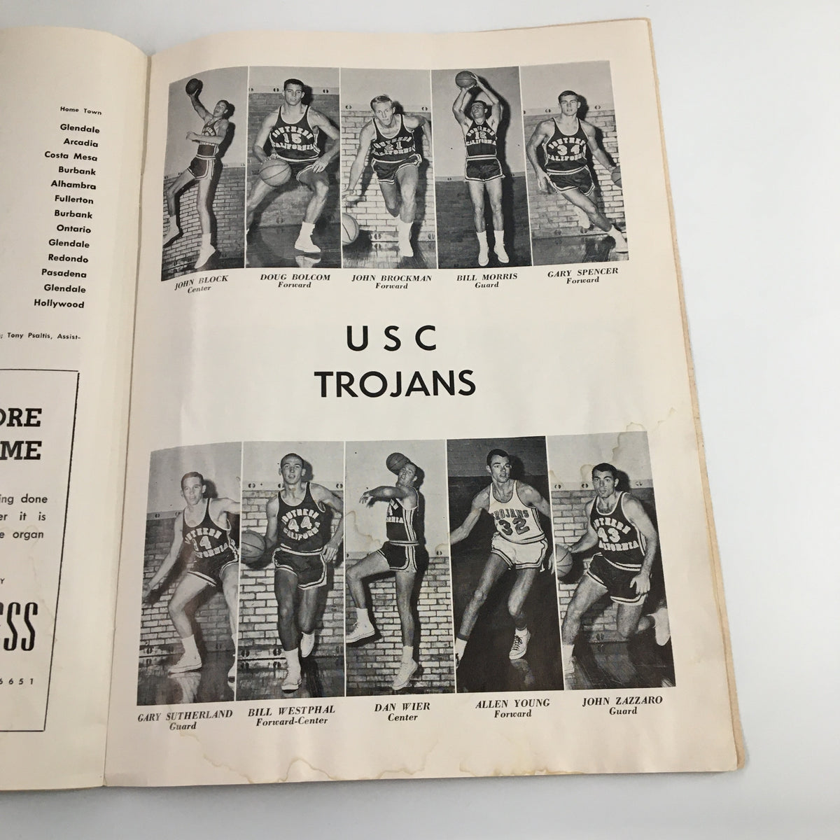 USC Trojans basketball team roster from the January 10, 1964 NCAA Basketball USC vs UCLA The Hoop Official Program, featuring players like John Block and Bill Morris.