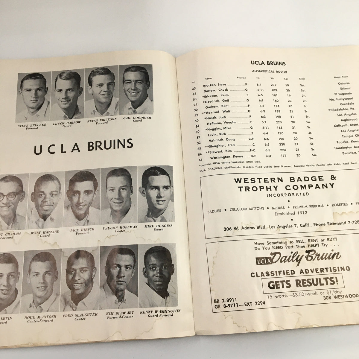 UCLA Bruins basketball team roster from the January 10, 1964 NCAA Basketball USC vs UCLA The Hoop Official Program, showcasing players including Steve Brkner and Chuck Darrow.