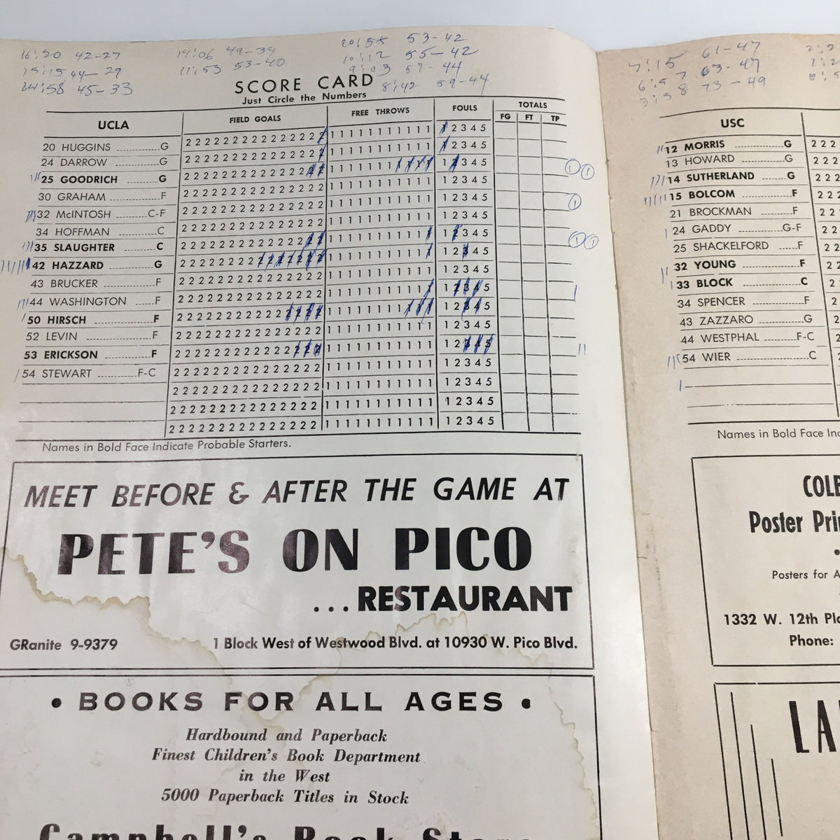 Scorecard page from the January 10, 1964 NCAA Basketball USC vs UCLA The Hoop Official Program, documenting the match points and player performances.