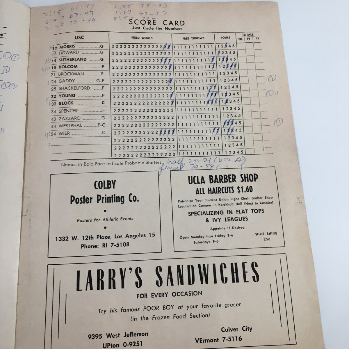 Another scorecard page from the January 10, 1964 NCAA Basketball USC vs UCLA The Hoop Official Program, detailing field goals and fouls for both teams.