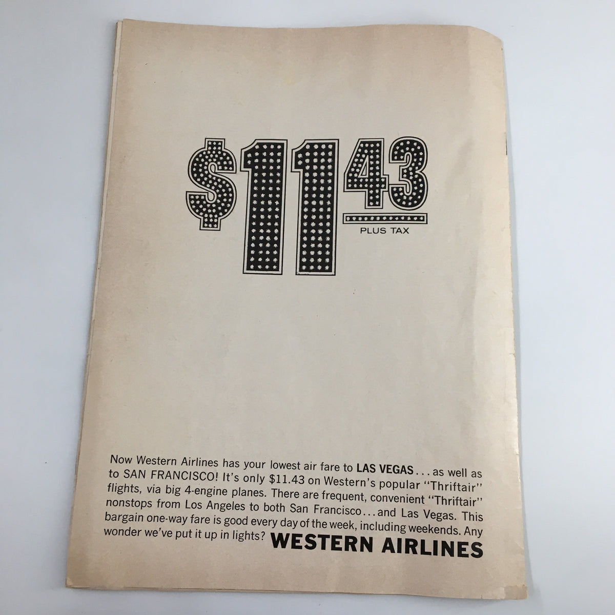 Back cover of the January 10, 1964 NCAA Basketball USC vs UCLA The Hoop Official Program, featuring an advertisement for Western Airlines flights.