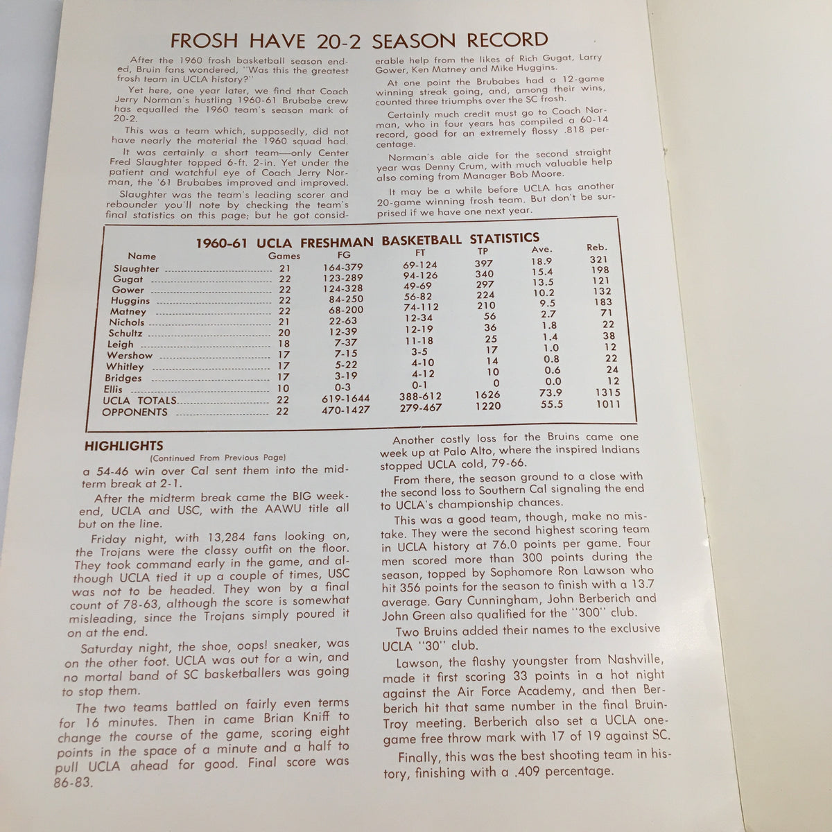 1960-1961 NCAA UCLA Bruins Annual Basketball Banquet page detailing freshman basketball statistics and highlights from their season.
