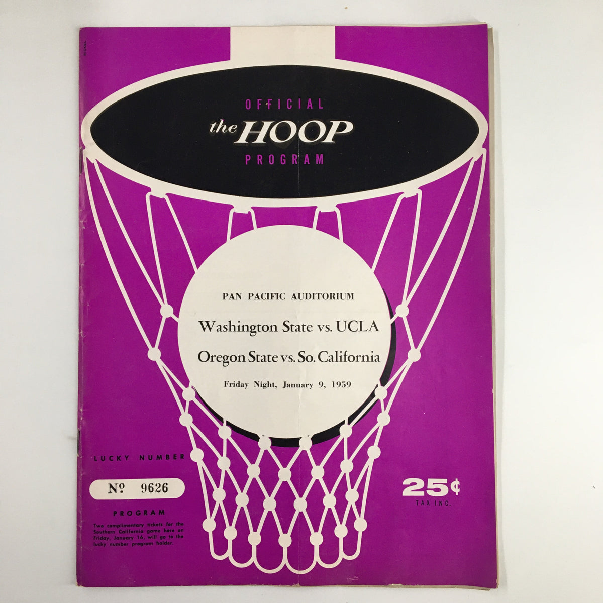 Cover of the January 9, 1959 NCAA Basketball program featuring Washington State vs. UCLA, showcasing a vibrant design with basketball imagery.