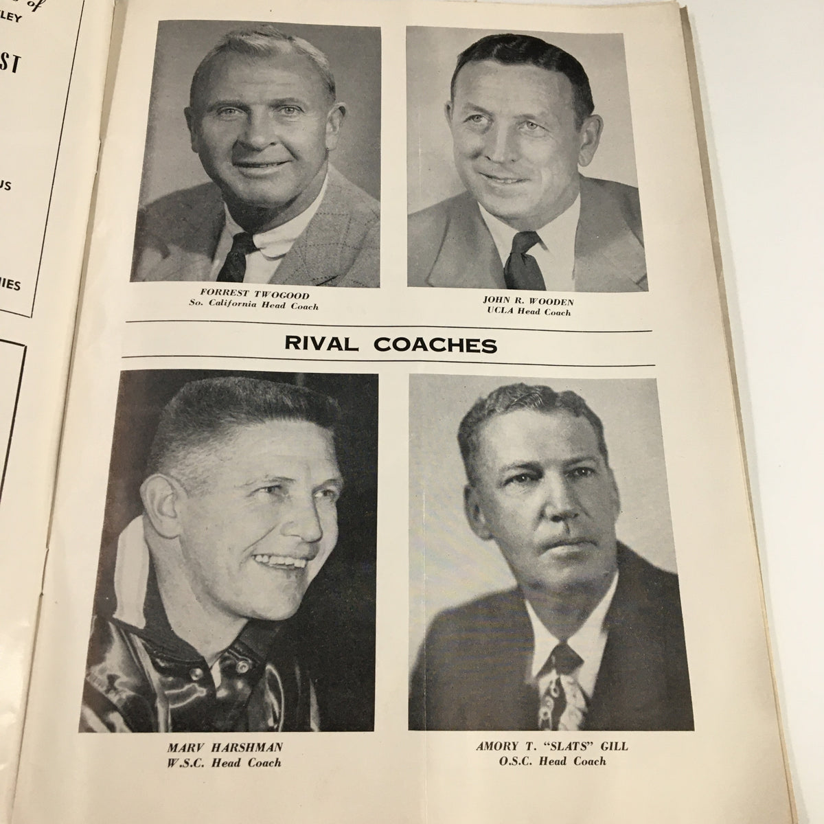 Page from the January 9, 1959 NCAA Basketball program listing rival coaches, including Forrest T. Fogg and John R. Wooden.
