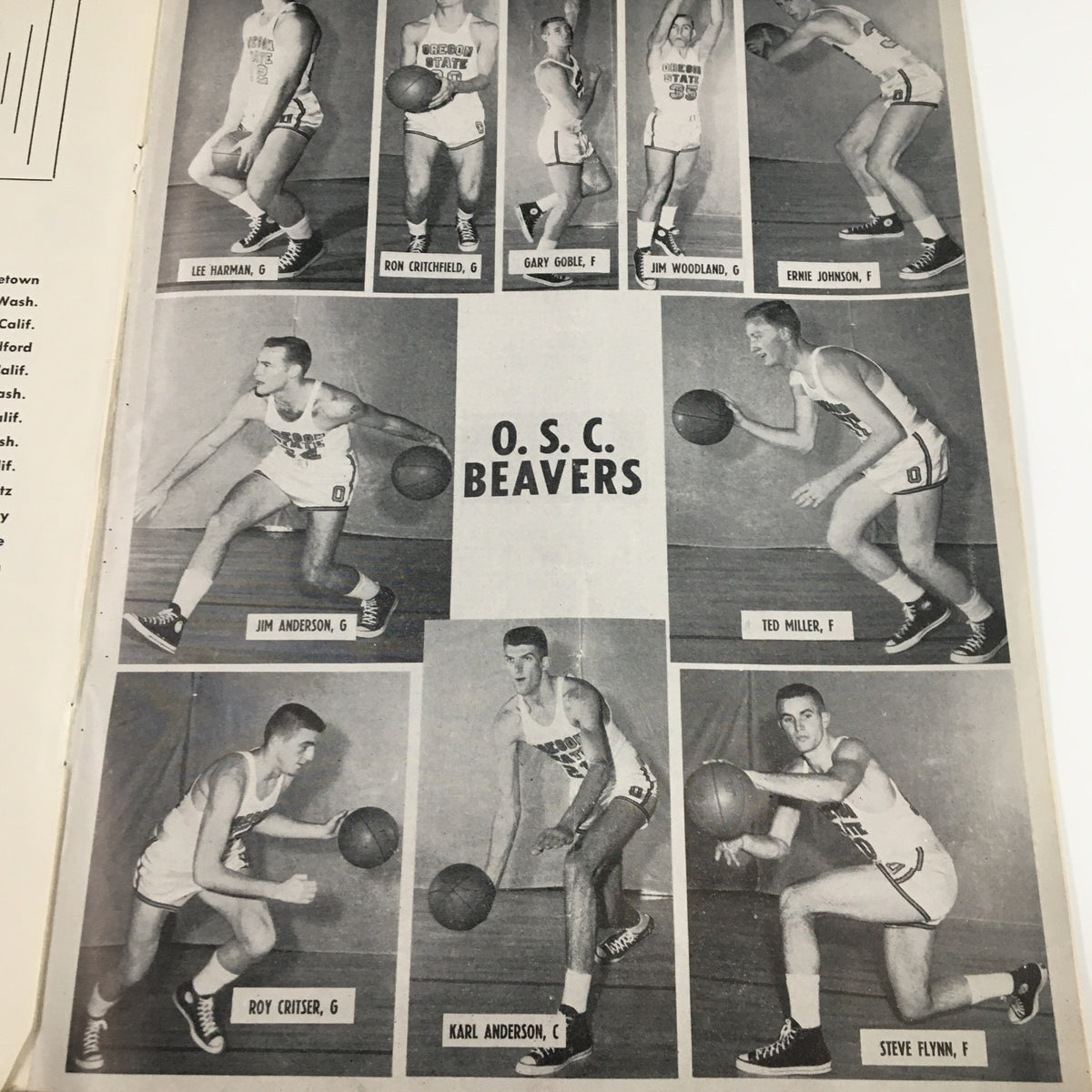 Roster page from the January 9, 1959 NCAA Basketball program displaying the O.S.C. Beavers players with action shots.