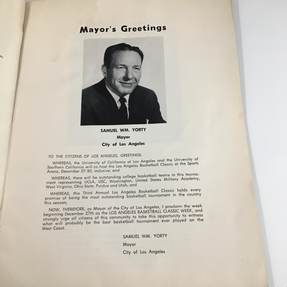 Mayor's Greetings section from the December 27, 1961 NCAA UCLA vs Army Official Program, featuring a message from Samuel Wm. Yorty, Mayor of Los Angeles.