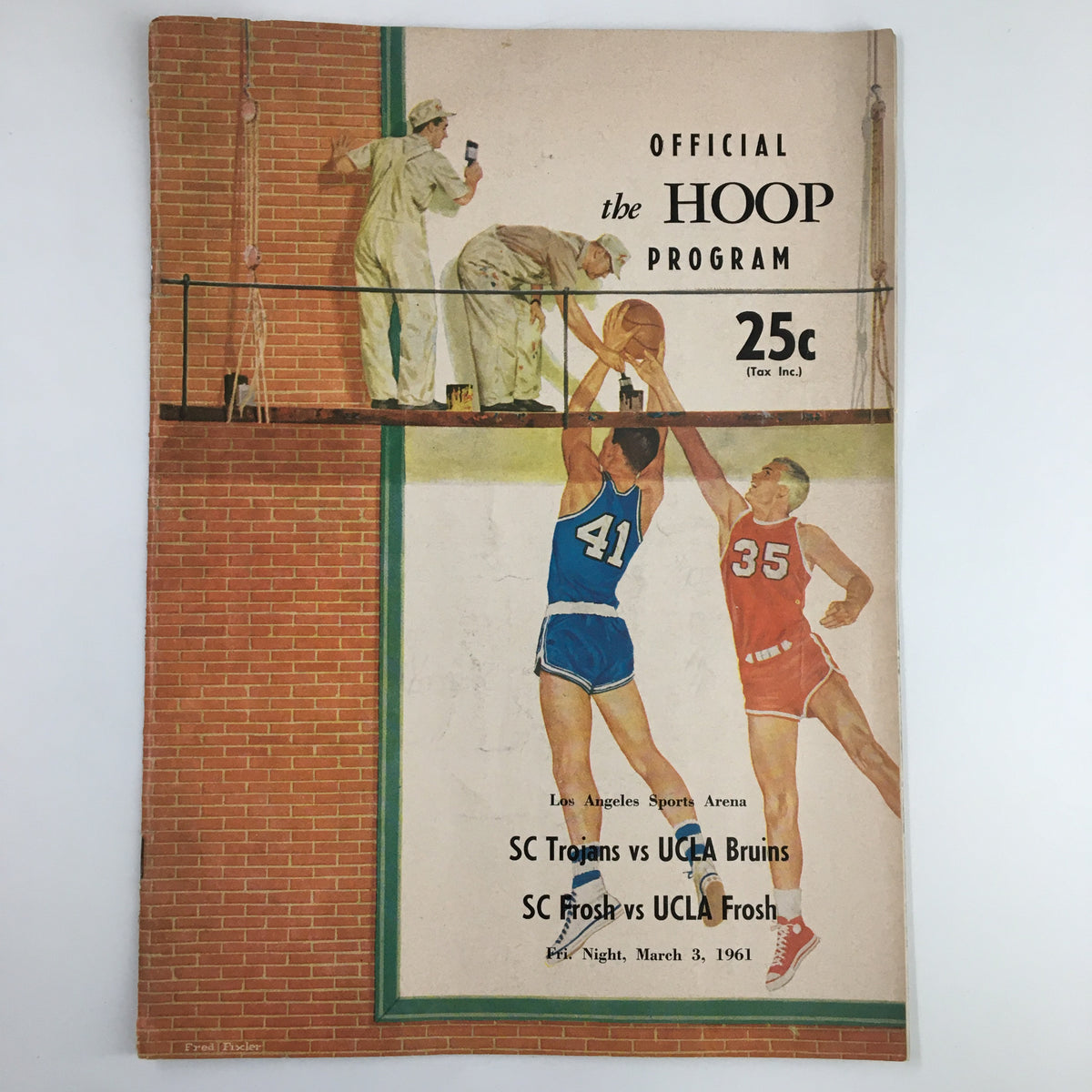 March 3 1961 NCAA Basketball SC Trojans vs UCLA Bruins Official Program cover featuring a vibrant illustration of basketball players in action.