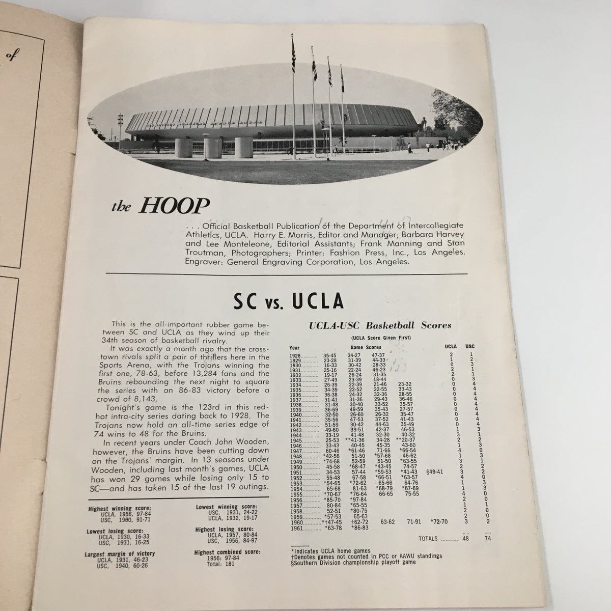 Inside page of the March 3 1961 NCAA Basketball SC Trojans vs UCLA Bruins Official Program detailing game information and the Los Angeles Sports Arena.