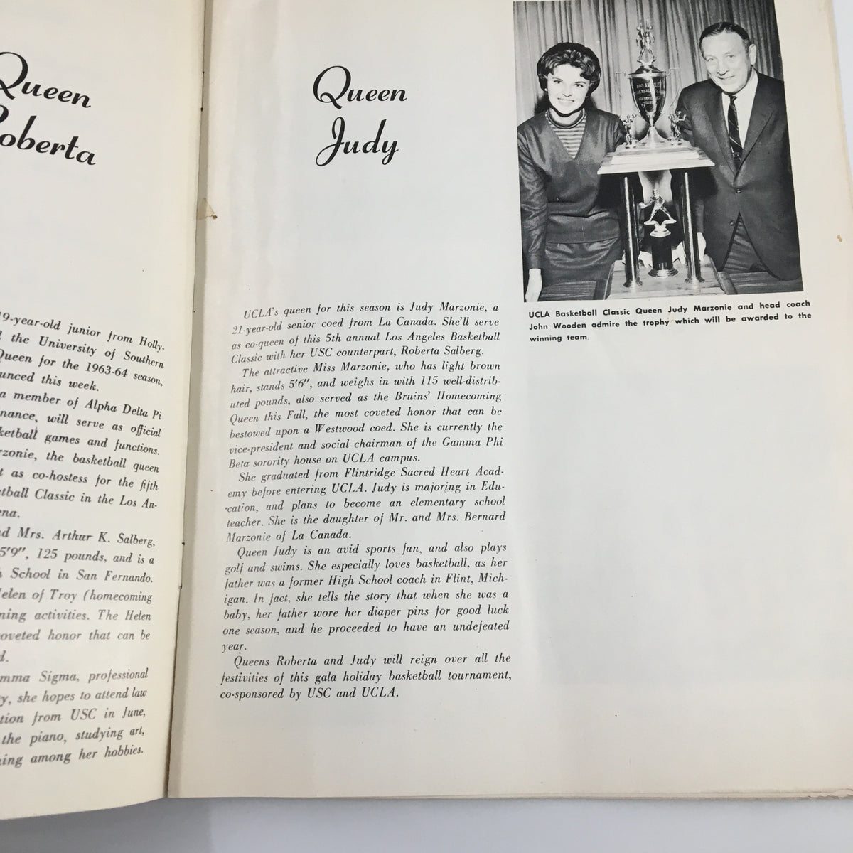 Page featuring Queen Judy and her trophy from the December 26, 1963 NCAA USC vs UCLA Basketball Classic Official Program.
