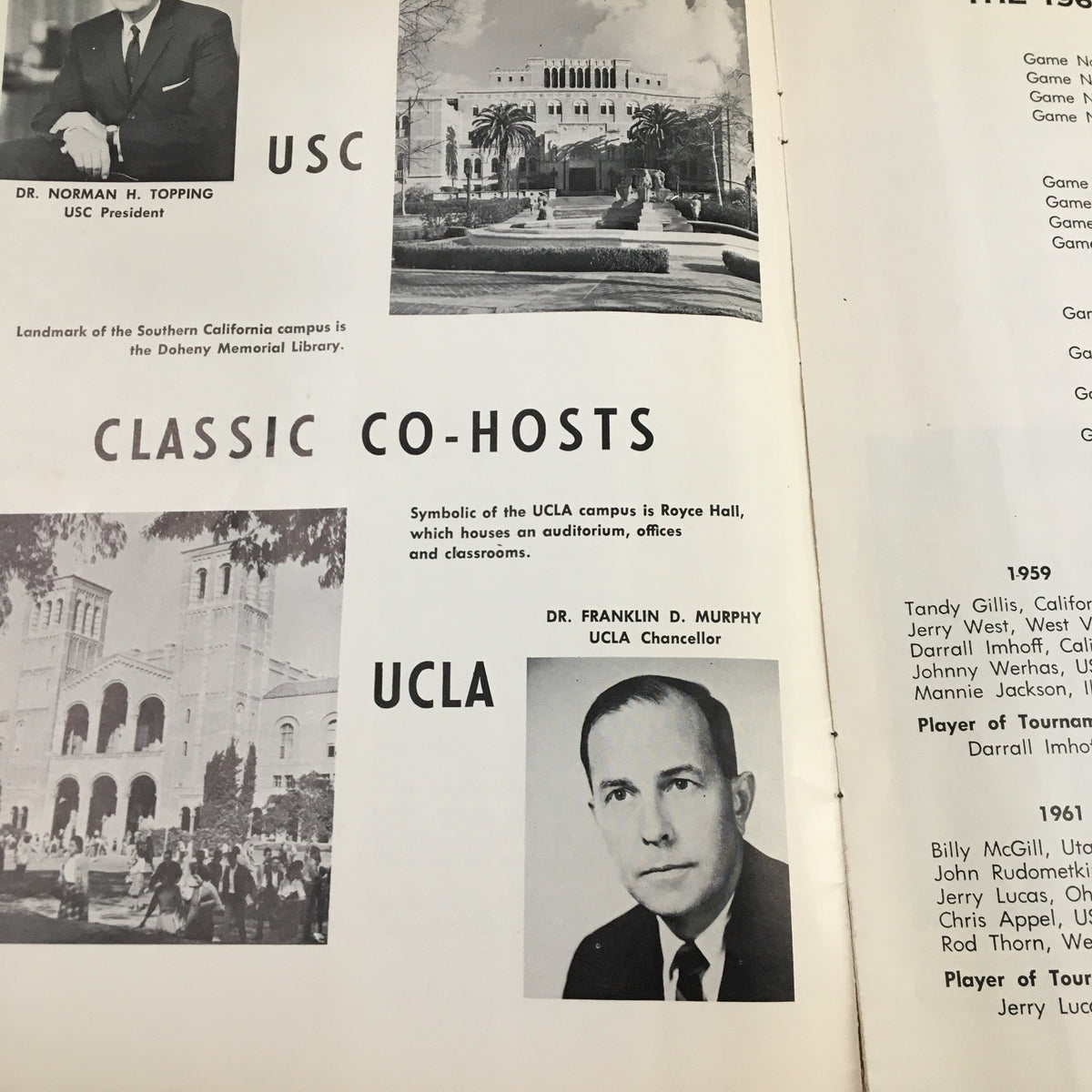 Page highlighting the USC and UCLA co-hosts from the December 26, 1963 NCAA USC vs UCLA Basketball Classic Official Program.