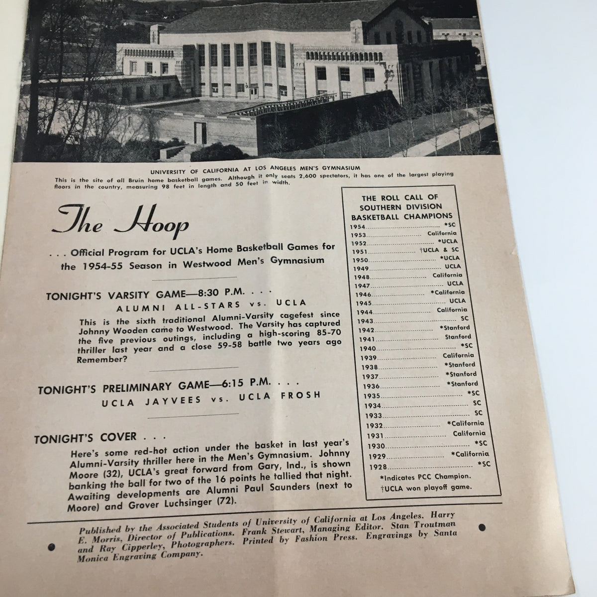 Page from the December 3 1954 NCAA Basketball Alumni vs UCLA Official Program including details about the venue and the evening's game events.