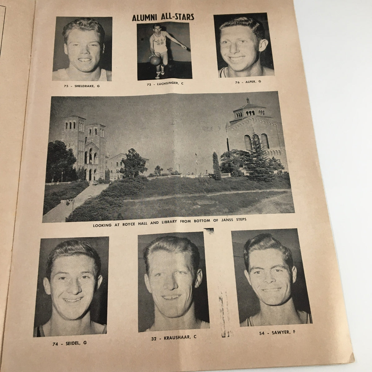 Image of alumni all-stars featured in the December 3 1954 NCAA Basketball Alumni vs UCLA Official Program, showcasing player profiles and their photos.