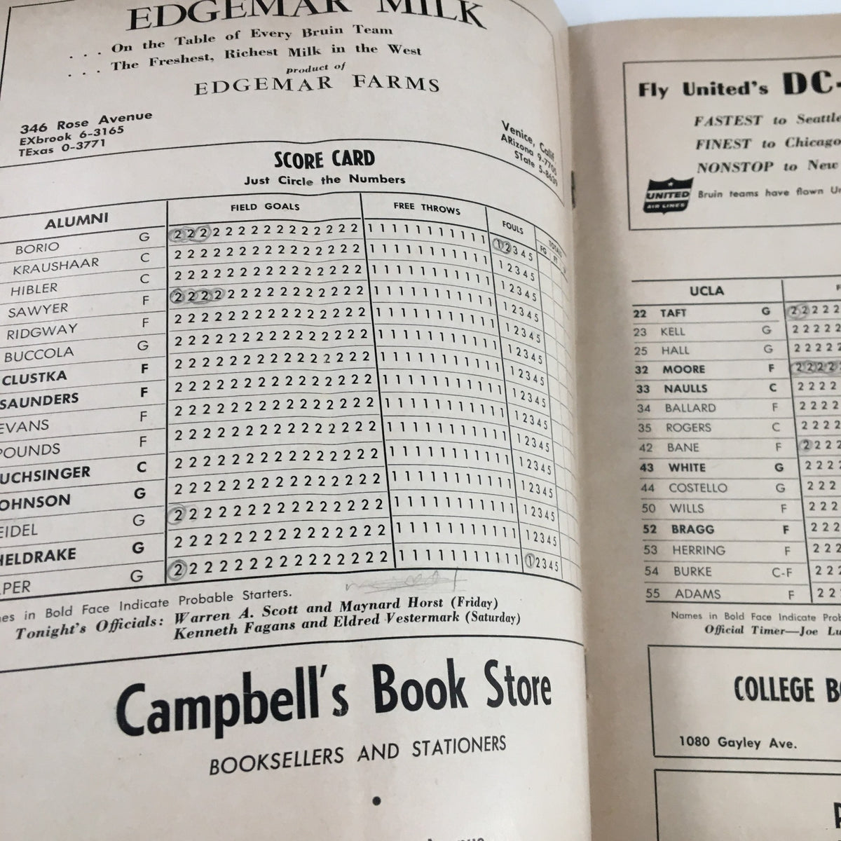 Scorecard and advertising page from the December 3 1954 NCAA Basketball Alumni vs UCLA Official Program, including commercial messages and game scoring details.