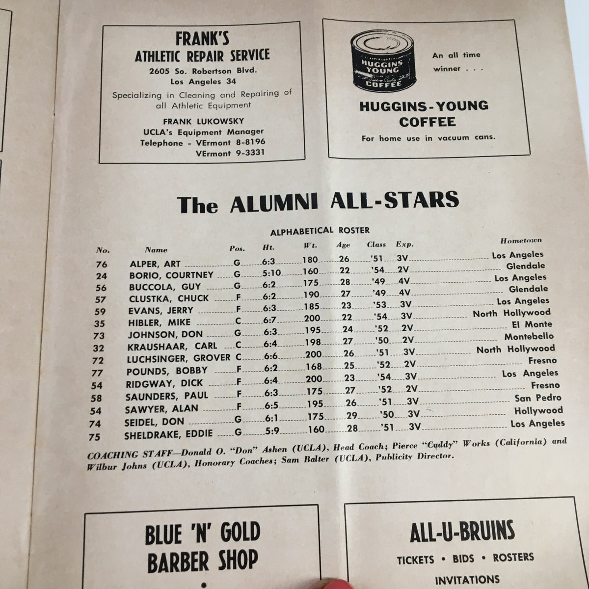 December 3 1954 NCAA Basketball Alumni vs UCLA Official Program featuring the Alumni All-Stars roster including notable players and coaching staff.