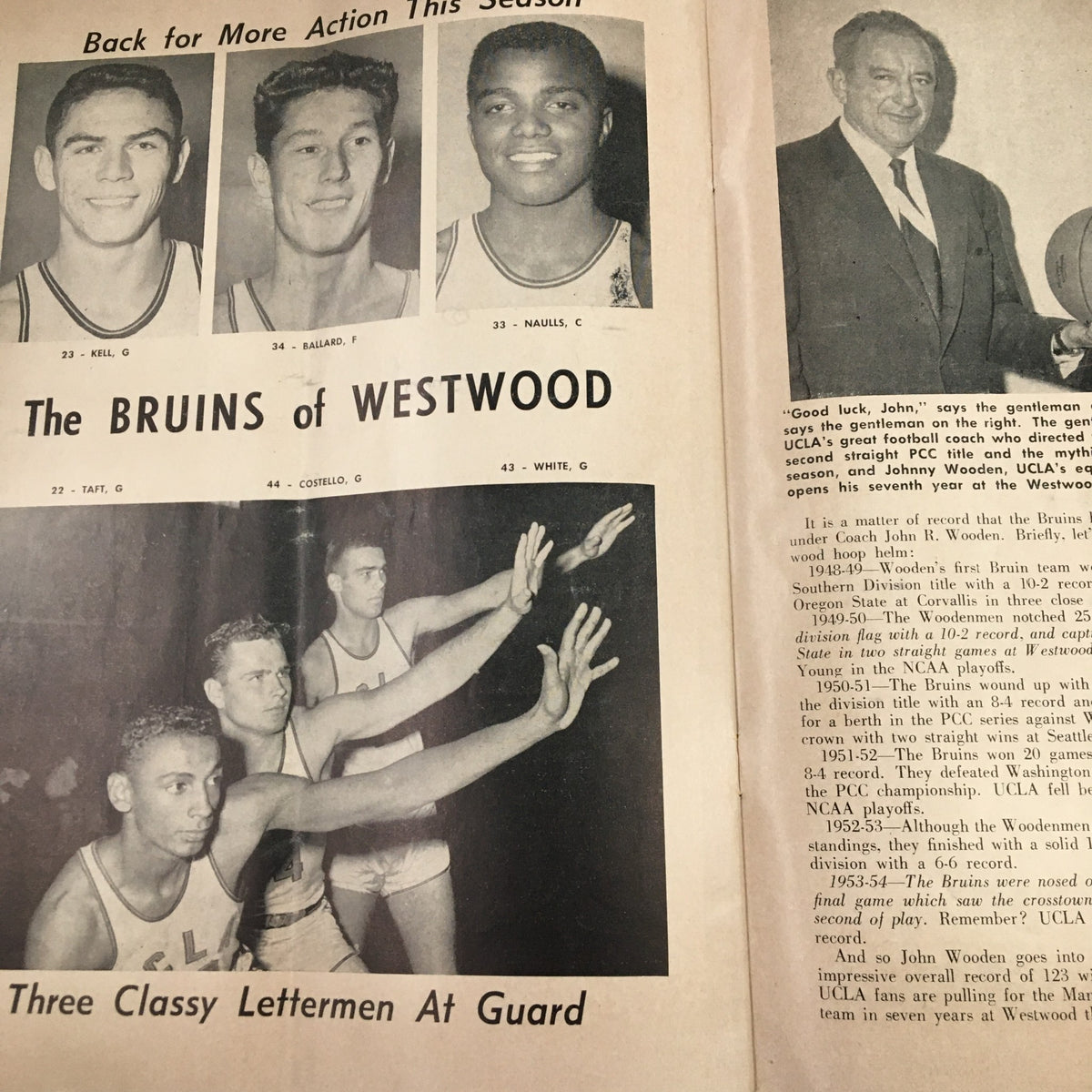 December 3 1954 NCAA Basketball Alumni vs UCLA Official Program showcasing the Bruins of Westwood with three key lettermen players highlighted.