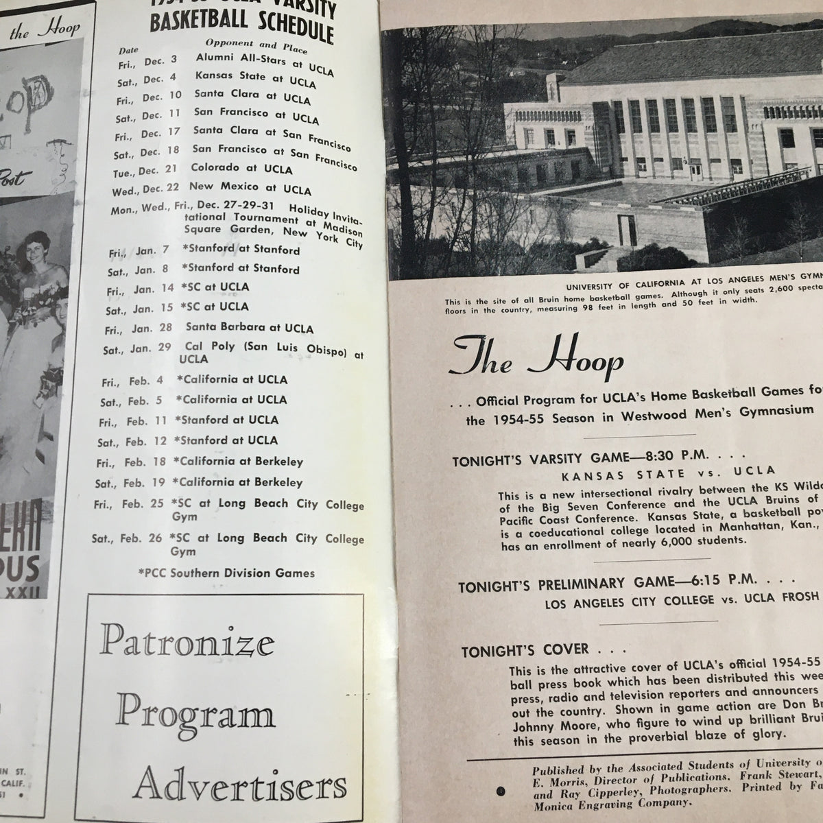 Inside pages of the December 4, 1954 NCAA Basketball Kansas State vs UCLA Official Program showing the schedule and program advertisers.