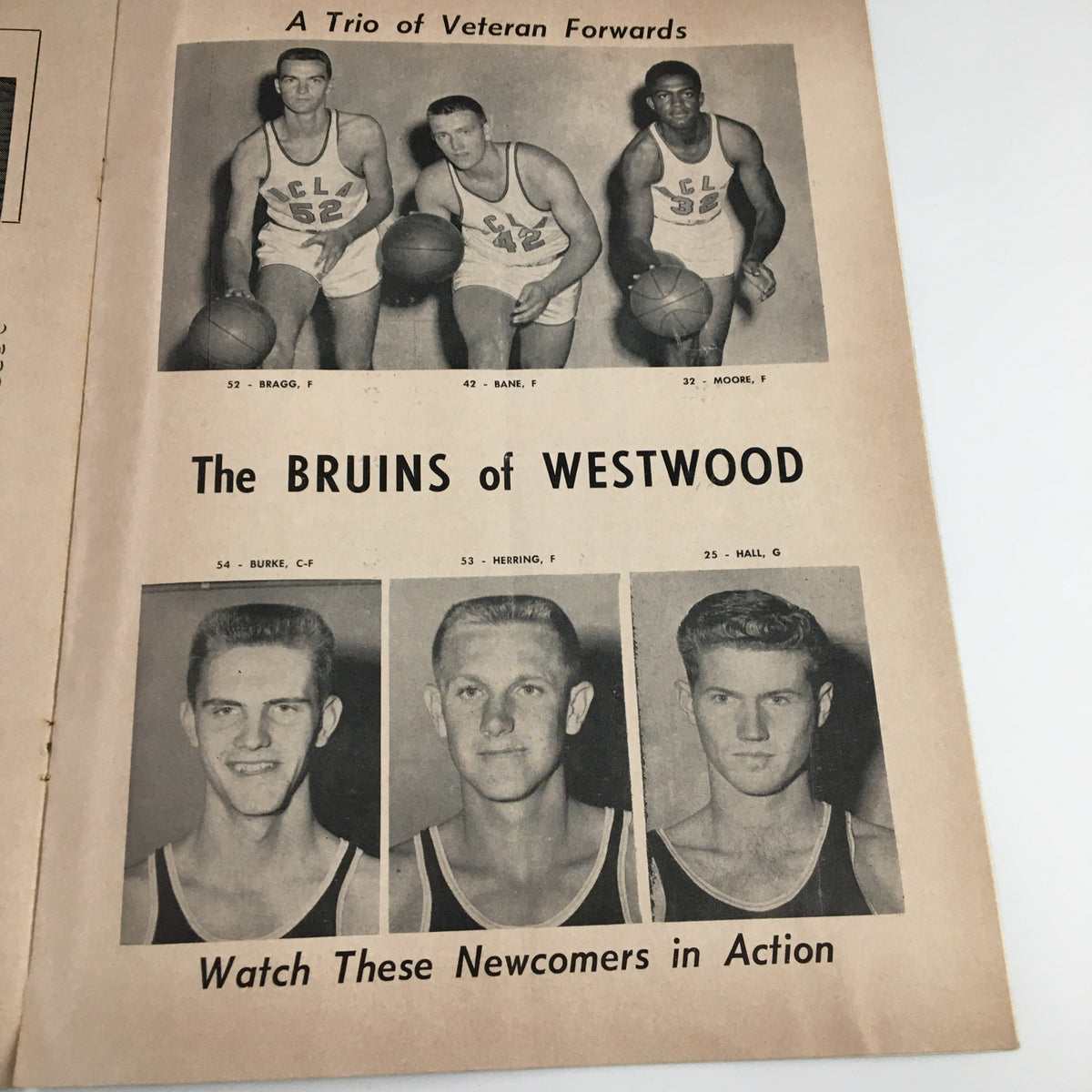 Player profiles from the December 4, 1954 NCAA Basketball Kansas State vs UCLA Official Program featuring the UCLA Bruins team members.