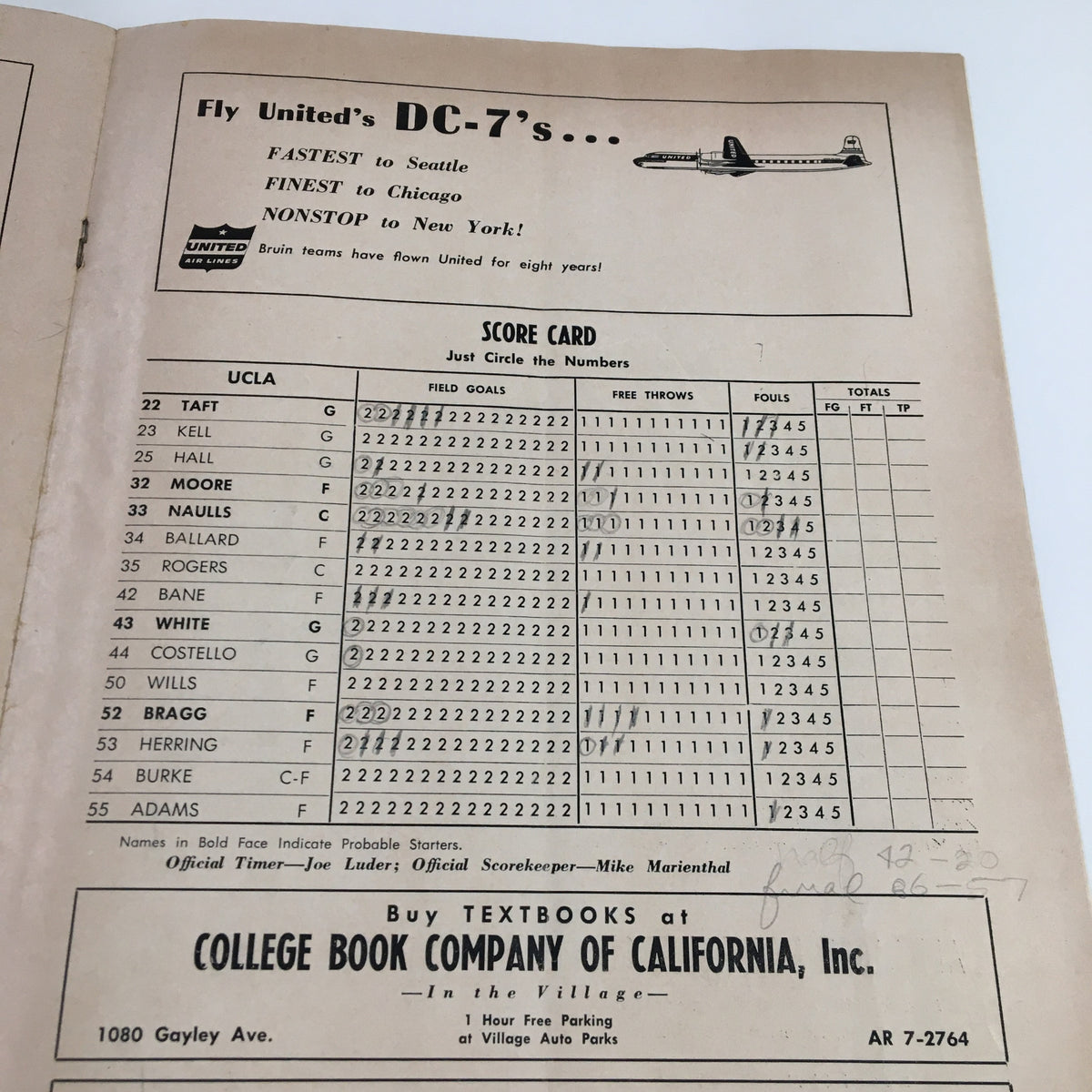 Scorecard page from the December 4, 1954 NCAA Basketball Kansas State vs UCLA Official Program listing player stats and scores.