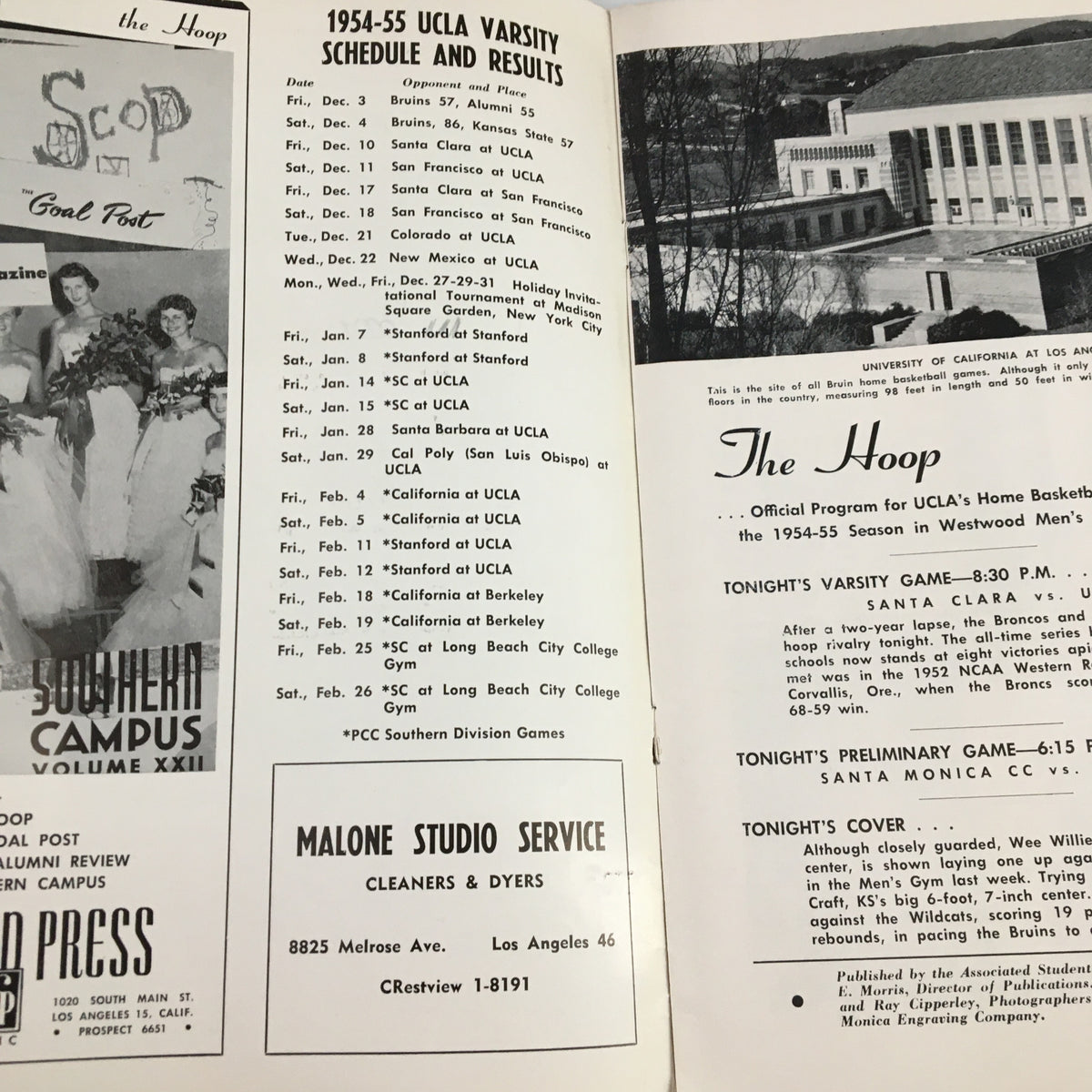 Inside page of the December 10 1954 NCAA Basketball Santa Clara vs UCLA program listing the 1954-55 UCLA varsity schedule and details on the game's basketball arena.