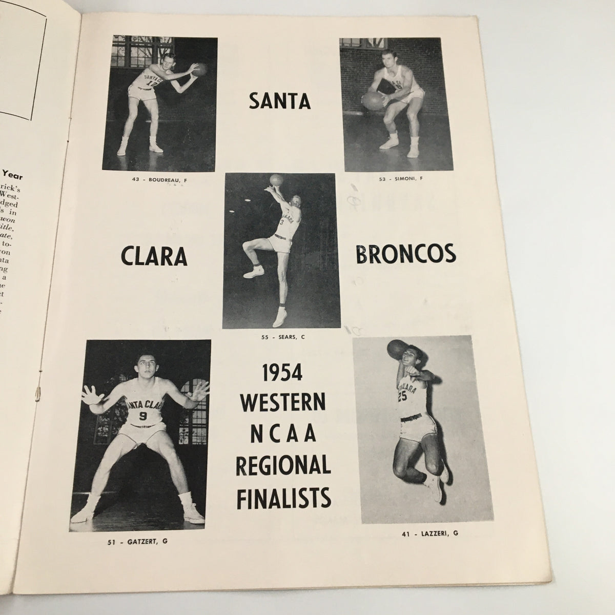 Interior page of the December 10 1954 NCAA Basketball Santa Clara vs UCLA program showcasing the Santa Clara Broncos and their 1954 Western NCAA regional finalists.