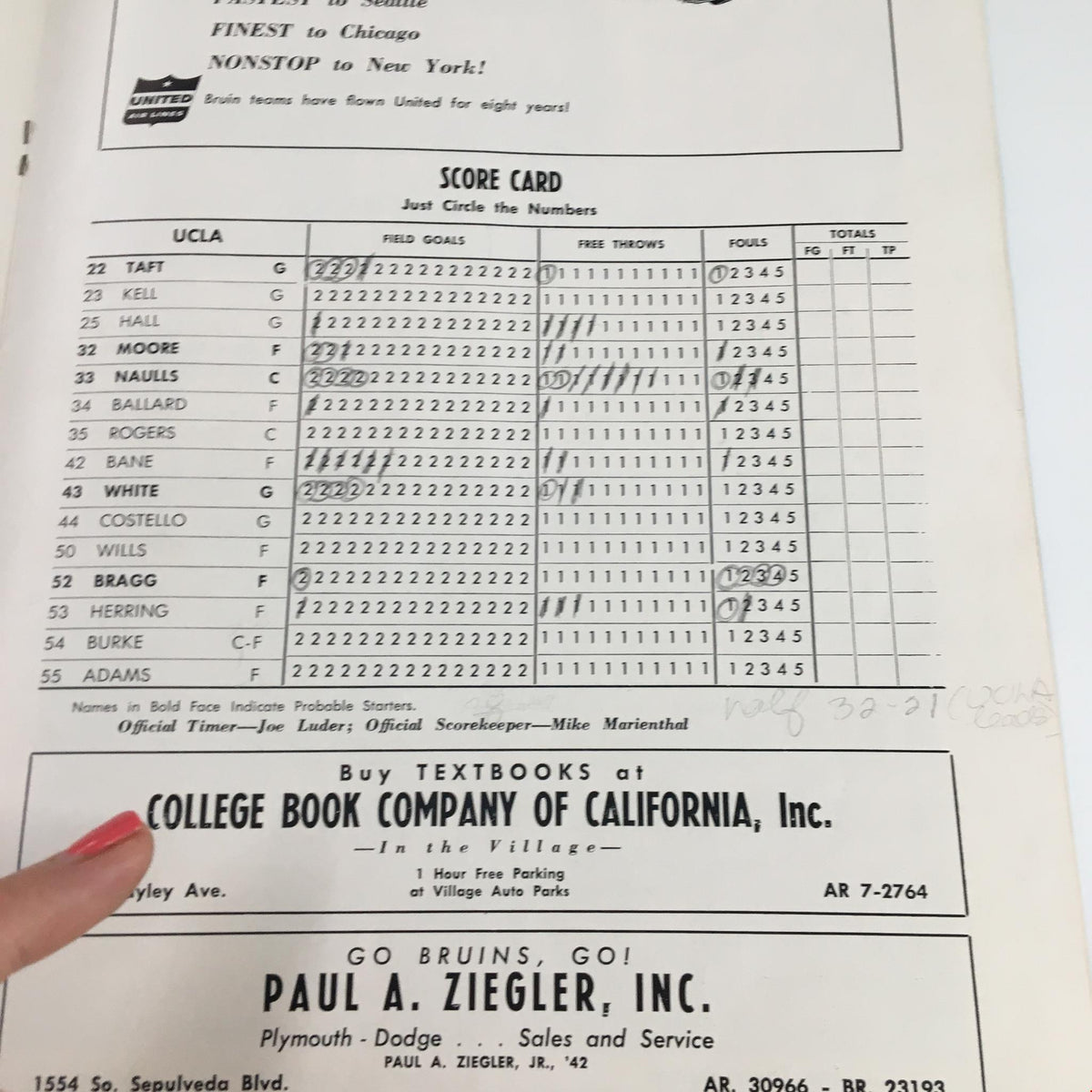 Score card from the December 10 1954 NCAA Basketball game between Santa Clara and UCLA, featuring player statistics and field goals.