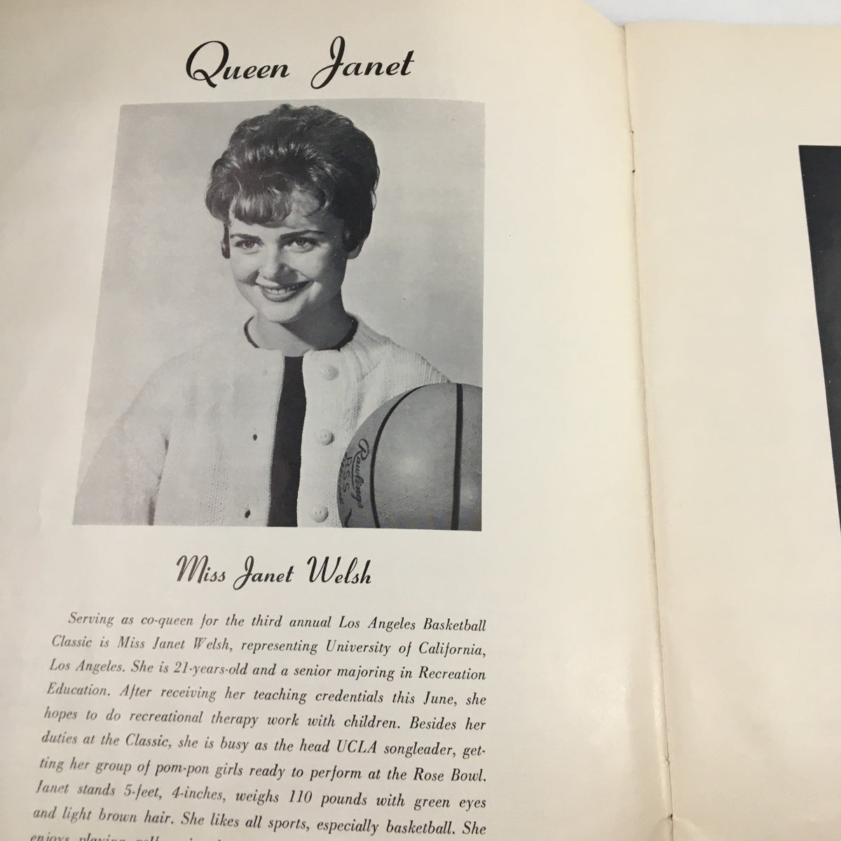 Miss Janet Welsh, co-queen of the Los Angeles Basketball Classic, recognized in the December 27 1961 NCAA UCLA vs Army Basketball Classic Official Program.