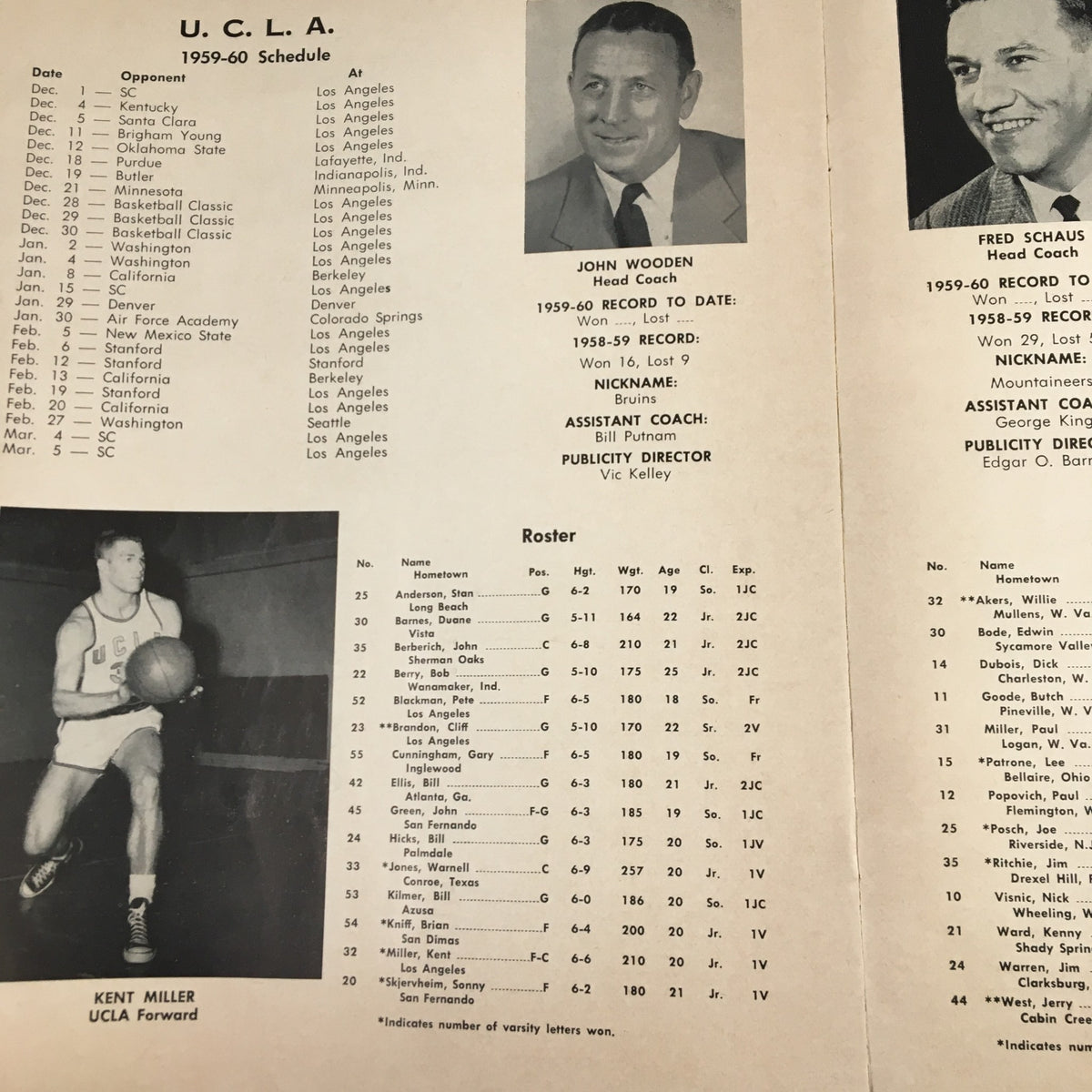 1949-60 UCLA basketball season schedule and roster details featuring Coach John Wooden, showcasing player Kent Miller, as part of the December 28, 1959 NCAA UCLA vs. Michigan Basketball Classic Official Program.