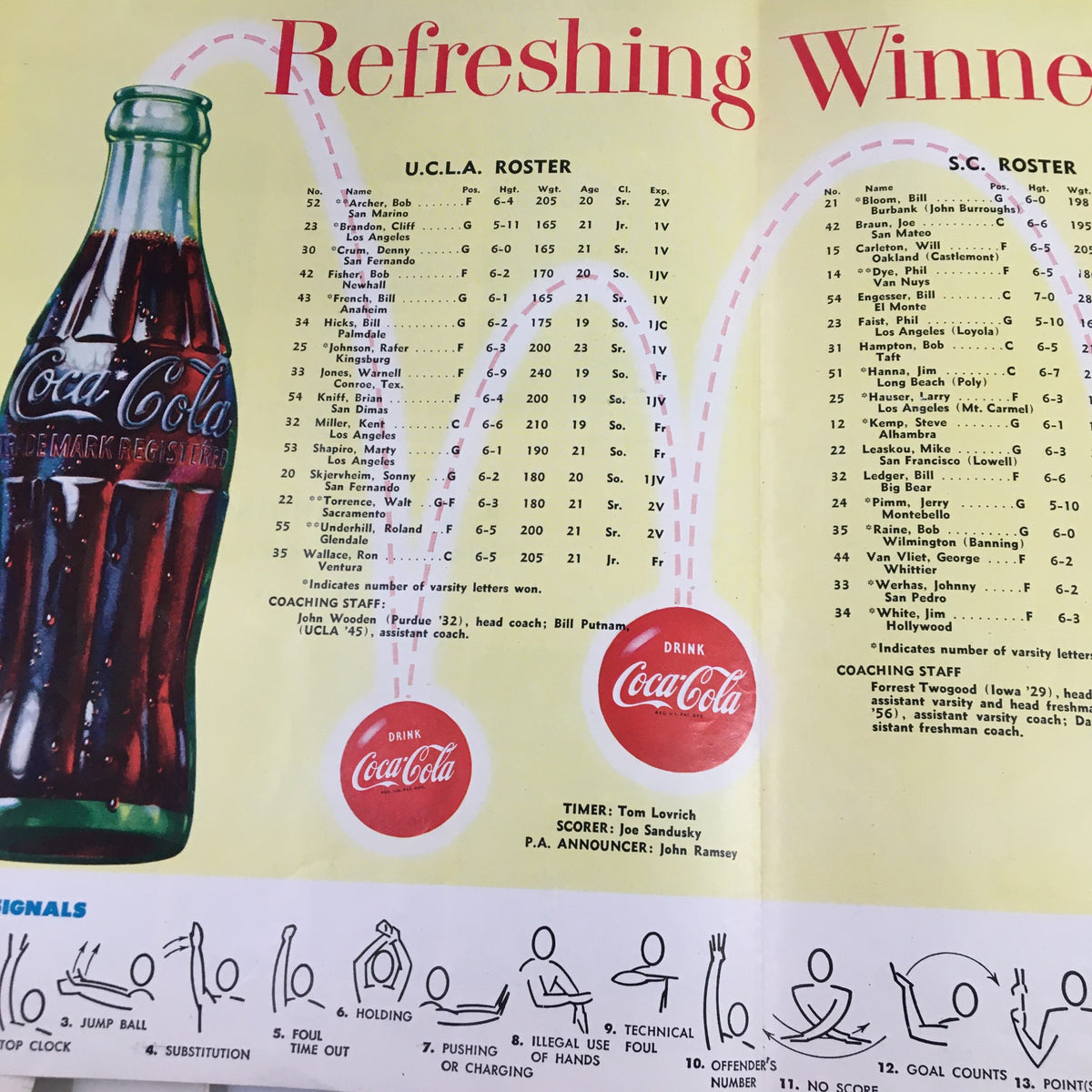 Inside page of the January 17 1959 NCAA Basketball SC vs UCLA official program, displaying the roster for UCLA alongside a Coca-Cola advertisement.