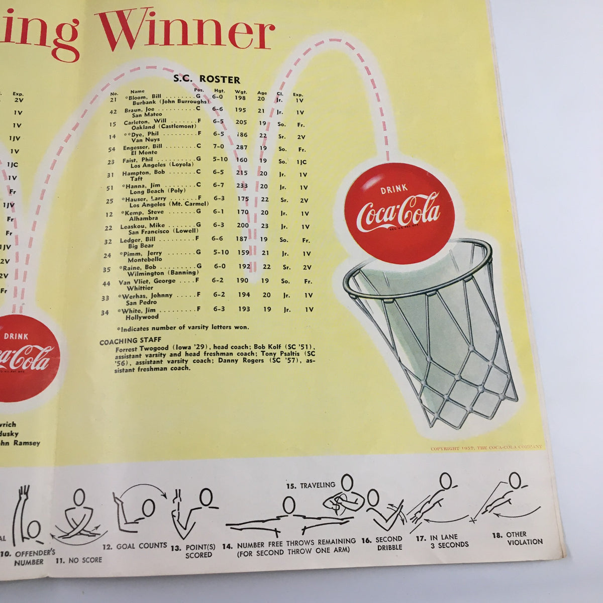 Inside page of the January 17 1959 NCAA Basketball SC vs UCLA official program, showcasing the roster for SC and featuring a Coca-Cola basketball-themed graphic.
