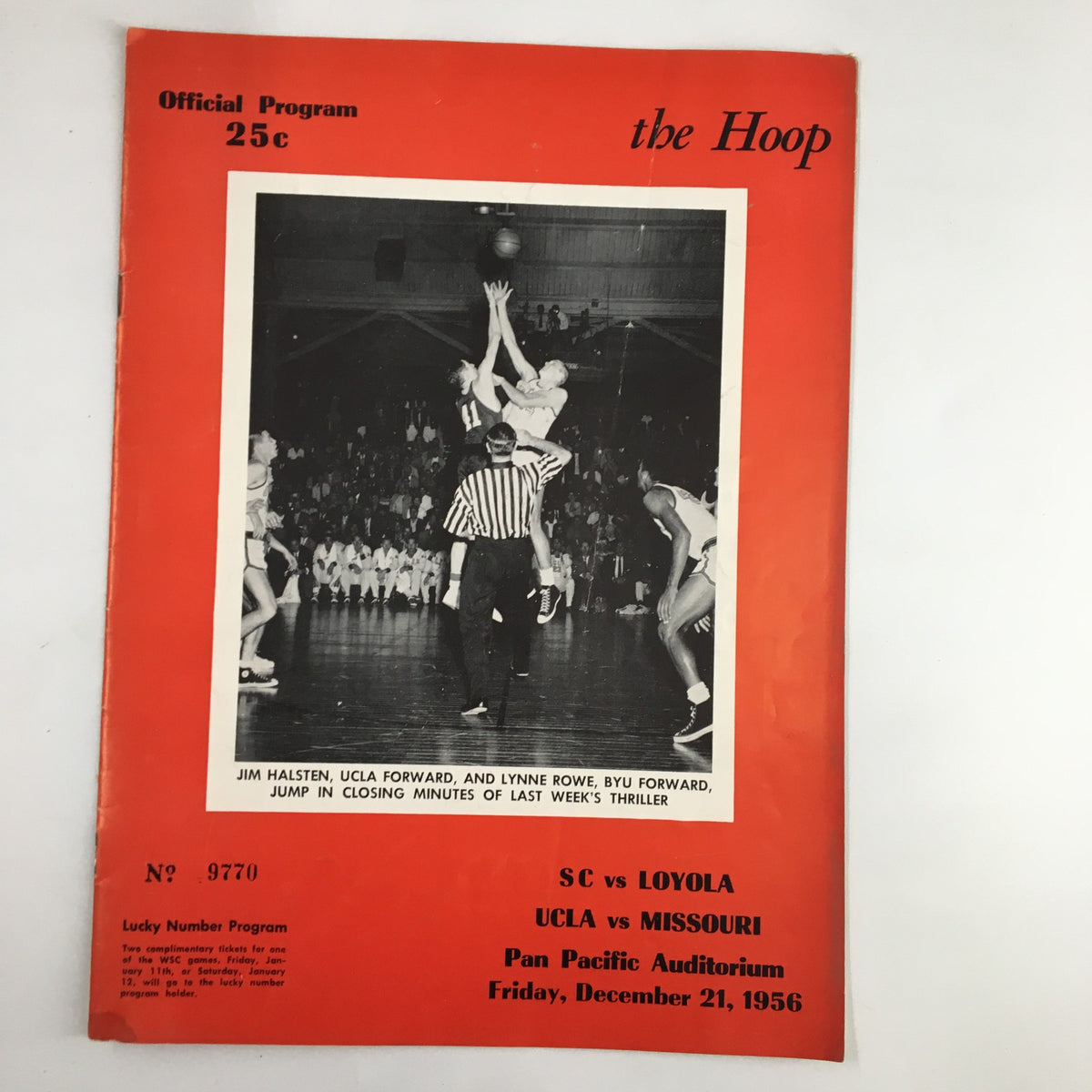 December 21 1956 NCAA Basketball UCLA vs Missouri Official Program cover featuring a dramatic game moment at the Pan Pacific Auditorium.