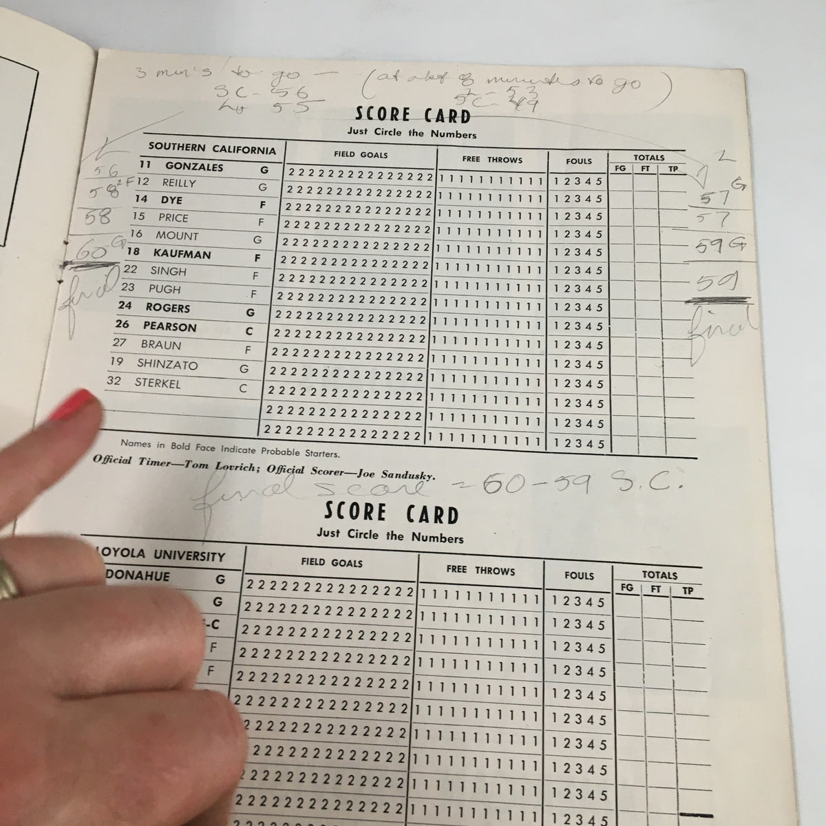 December 21 1956 NCAA Basketball UCLA vs Missouri Official Program scorecard showing game details and player statistics for Southern California vs Missouri.