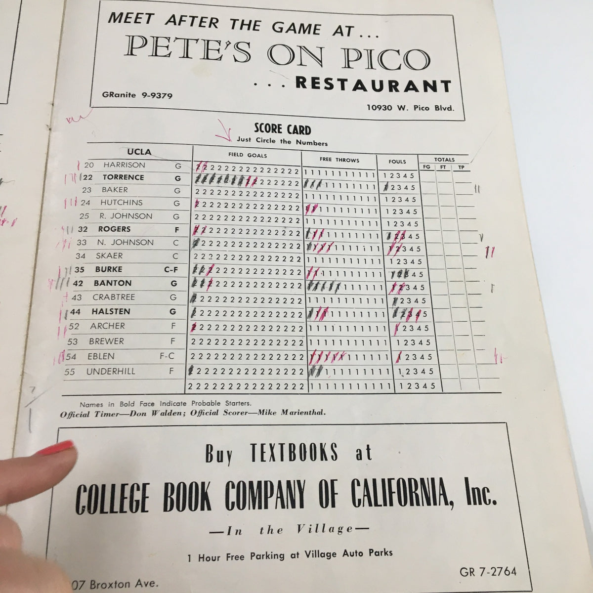 December 21 1956 NCAA Basketball UCLA vs Missouri Official Program scorecard from Pete's on Pico Restaurant listing players and their game statistics.