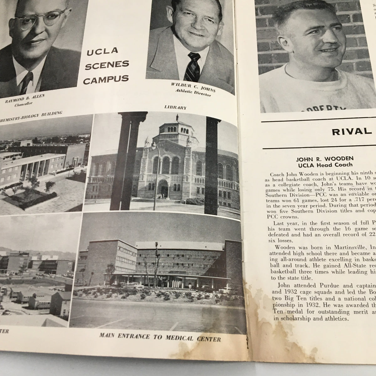 Interior page of the official program from December 1, 1956 NCAA Basketball game Nebraska vs UCLA. Features portraits of notable figures and the UCLA campus with some discoloration.
