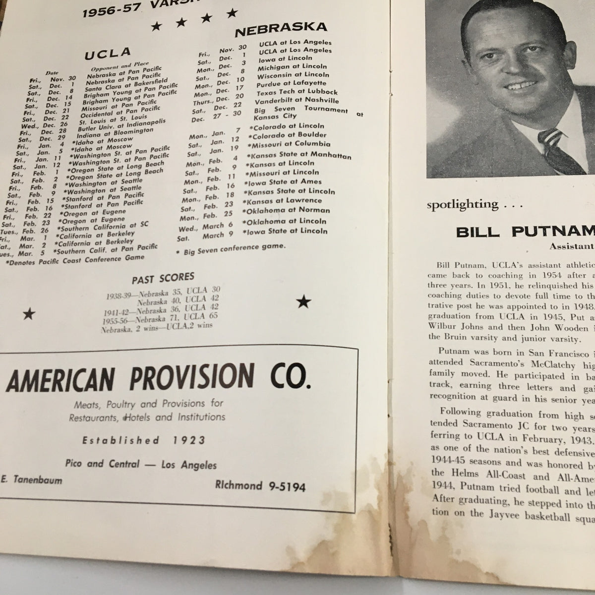 Another inside page of the December 1 1956 NCAA Basketball Nebraska vs UCLA The Hoop Official Program displaying team rosters and past scores for UCLA and Nebraska.