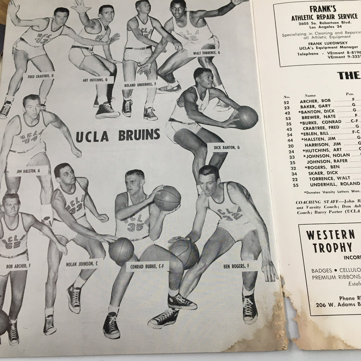 Illustration of UCLA Bruins players from the December 1 1956 NCAA Basketball Nebraska vs UCLA The Hoop Official Program, showcasing the basketball team lineup.