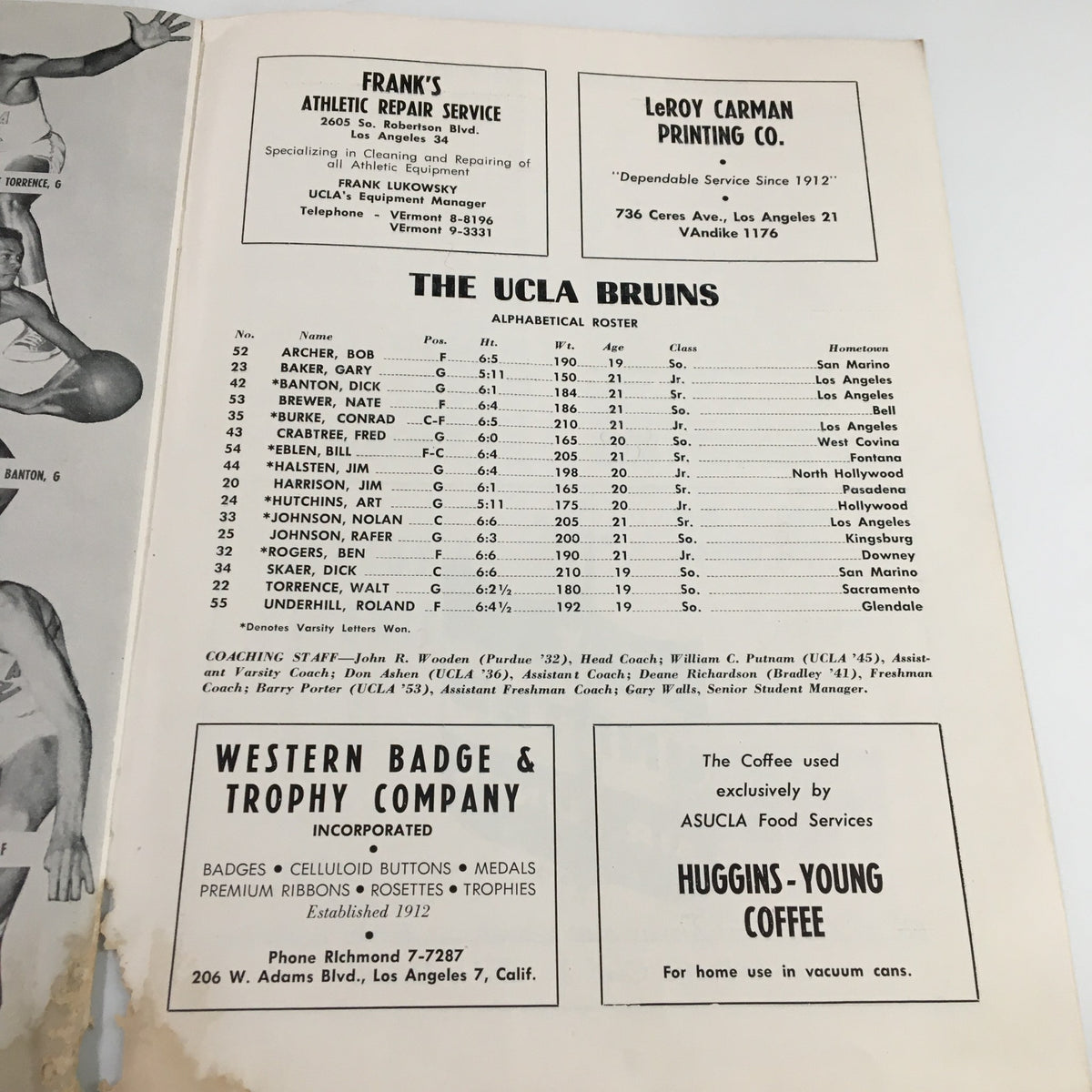The UCLA Bruins official roster page from the December 1, 1956 NCAA Basketball game program featuring Nebraska vs UCLA, showcasing player numbers and names.