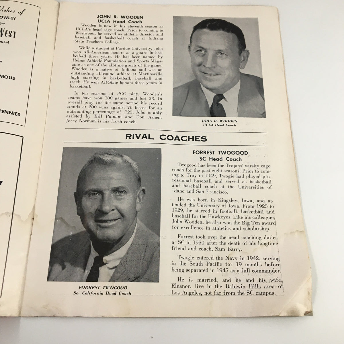 Inside page of the January 16 1959 NCAA Basketball Program featuring profiles of rival coaches John R. Wooden and Forrest Twogood.