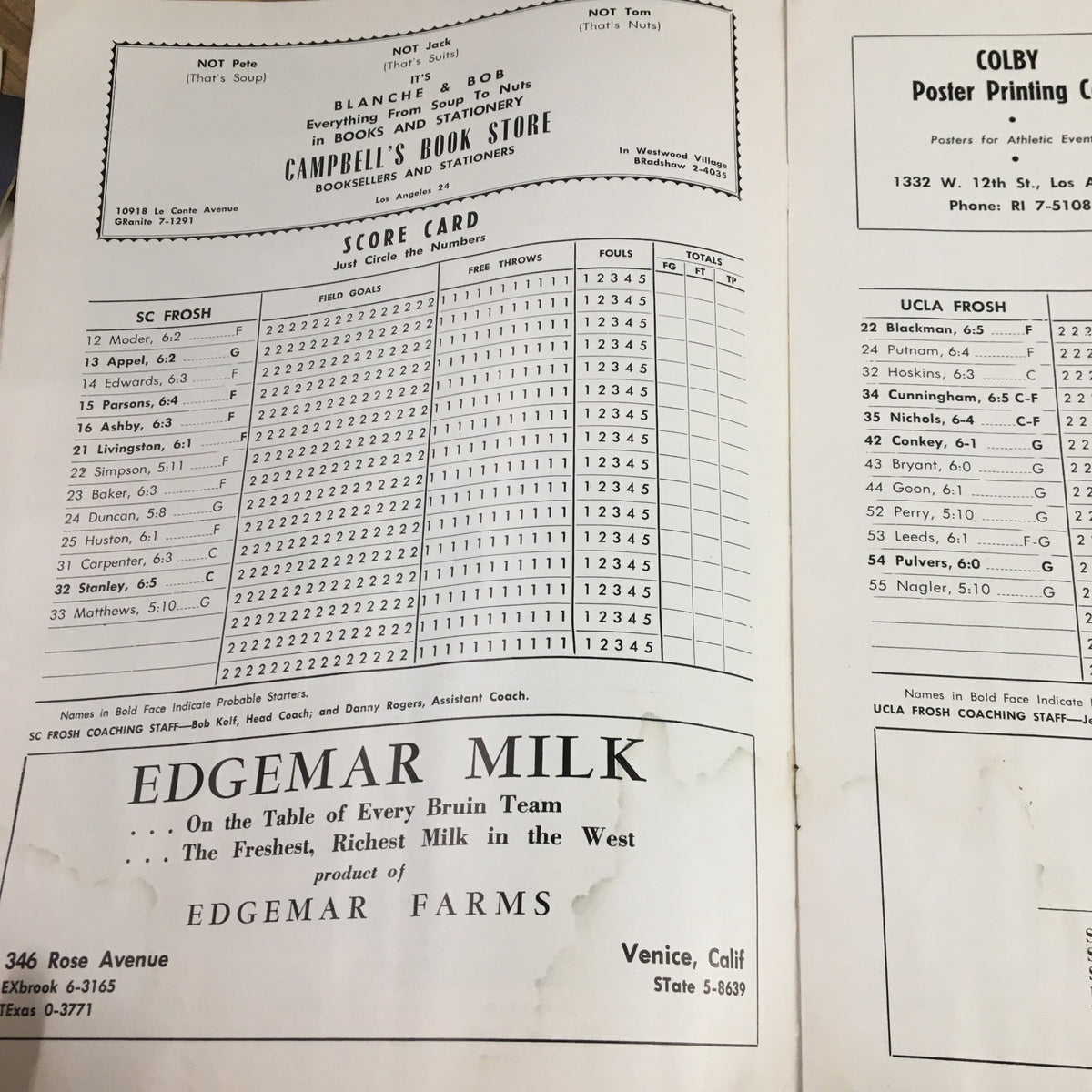 Score card page from the January 16 1959 NCAA Basketball Program highlighting player lineups and statistics for Southern California and UCLA.