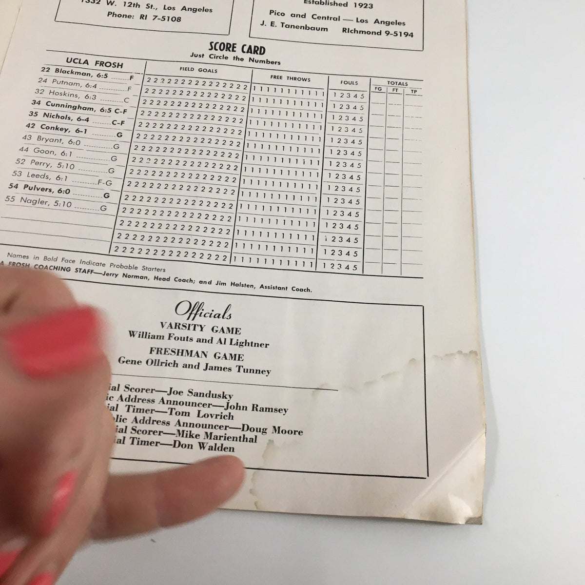 Detail of the score card from the January 16 1959 NCAA Basketball Program with player names and statistics for the freshman game between UCLA and Southern California.