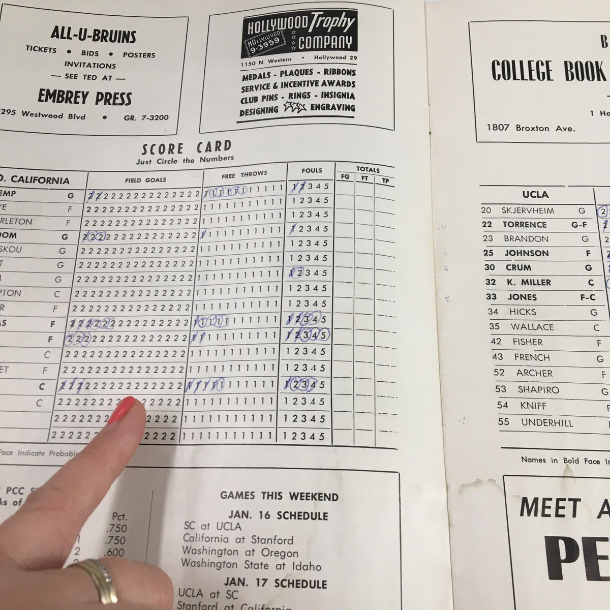Scorecard from the January 16 1959 NCAA Basketball game between Southern California and UCLA, featuring player statistics and scores.