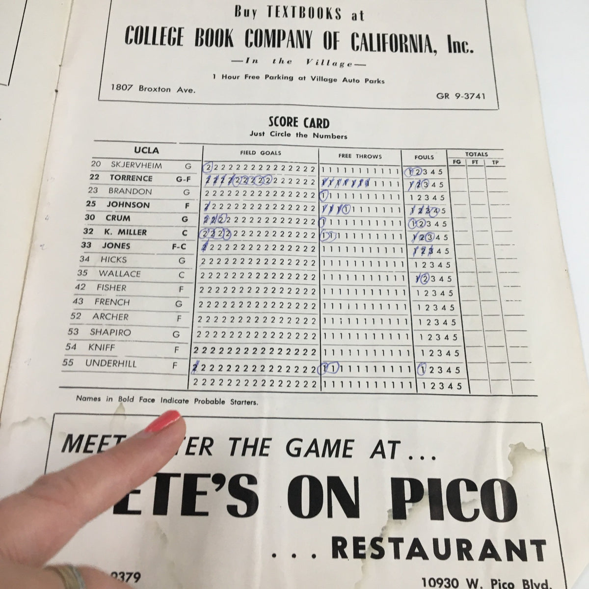 Scorecard page for UCLA players from the January 16 1959 NCAA Basketball game against Southern California, detailing player statistics and game performance.