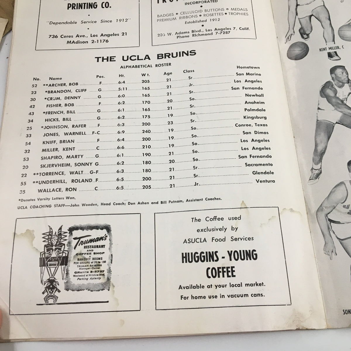 Roster page featuring the UCLA Bruins team details from the January 16 1959 NCAA Basketball game against Southern California, including player names and statistics.