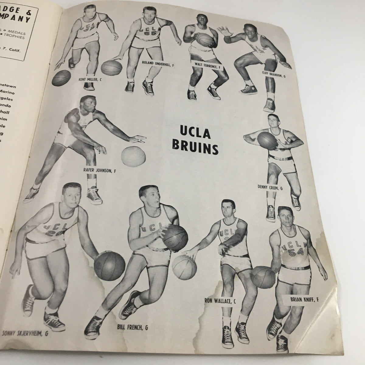 Illustration of UCLA Bruins players from the January 16 1959 NCAA Basketball game against Southern California, showcasing key team members in action.