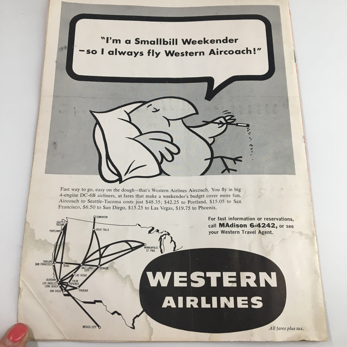Advertisement from Western Airlines on the back cover of the January 16 1959 NCAA Basketball program between Southern California and UCLA, promoting air travel services.