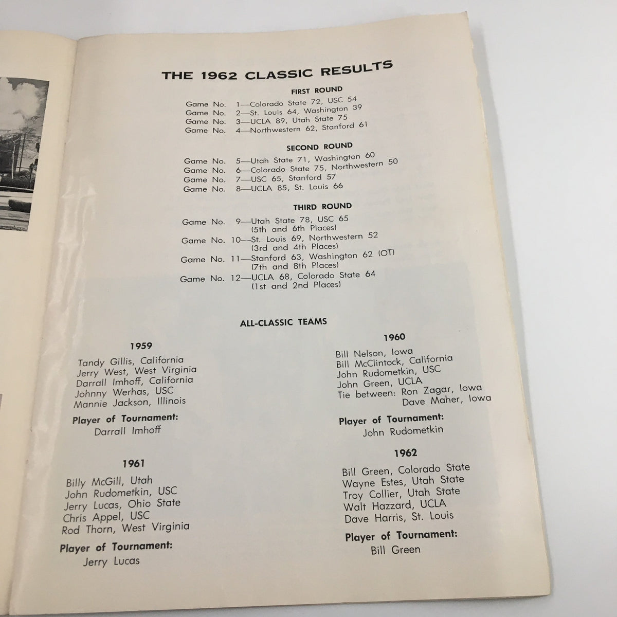 The 1962 Classic results page from the December 26, 1963 NCAA UCLA vs Utah State Basketball Classic Official Program, highlighting game statistics and tournament history.
