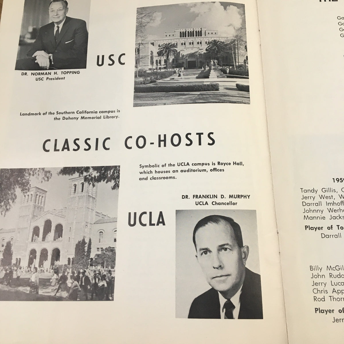 Images of Dr. Norman H. Topping and Dr. Franklin D. Murphy in the December 26, 1963 NCAA UCLA vs Utah State Basketball Classic Official Program, detailing classic co-hosts.