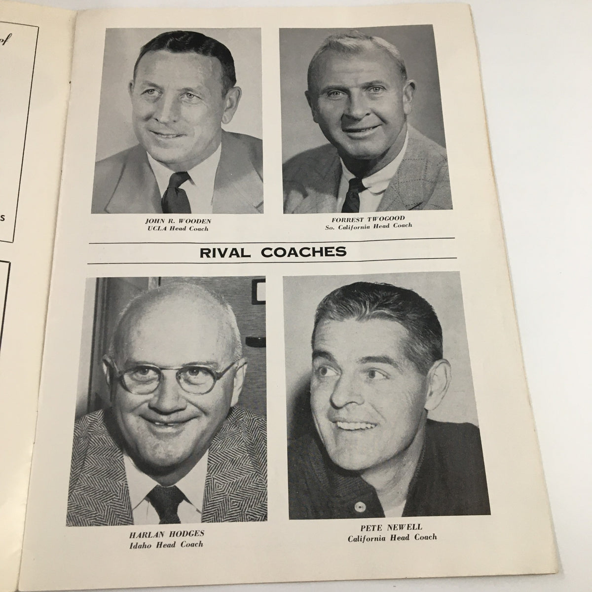 Inside page of the February 7, 1959 NCAA Basketball Idaho vs UCLA program showcasing rival coaches, including John R. Wooden and Harlan Hodges.