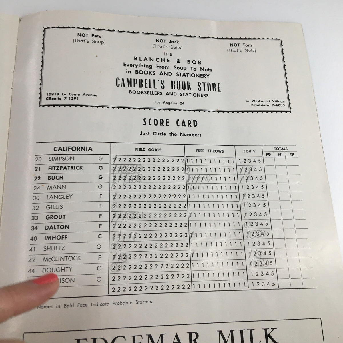 Scorecard from the February 7, 1959 NCAA Basketball game between California and UCLA in the official program displaying player details.